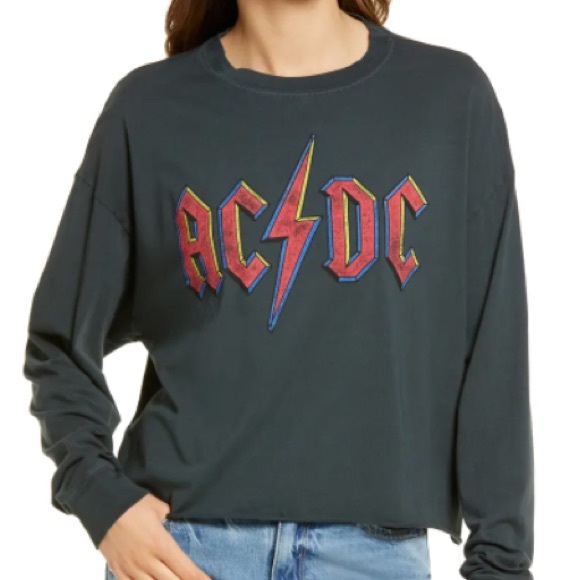 Daydreamer Tops - Daydreamer AC/DC Crop Graphic Band Tee Sweatshirt S Vintage Black NWT